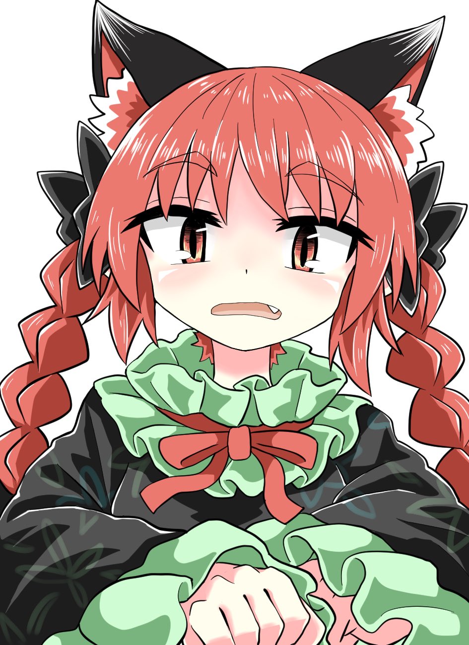 1girl, animal_ears, black_bow, black_dress, bow, braid, cat_ears, chups