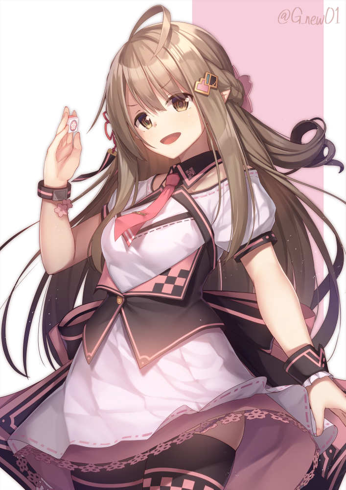 1girl, ahoge, amanuki-san, black_thighhighs, bracelet, braid, breasts, brown_eyes, brown_hair, commentary_request, crown_braid, dot_nose, female_focus, fingernails, hair_ornament, hand_up, holding, huge_ahoge, indie_virtual_youtuber, jewelry, kusunoki_shio, kusunoki_shio_(channel), legs_together, long_hair, looking_at_viewer, mahjong, mahjong_tile, necktie, open_mouth, pink_necktie, pointy_ears, short_sleeves, simple_background, skindentation, small_breasts, smile, solo, standing, thighhighs, tie_clip, twitter_username, virtual_youtuber, wing_collar, wrist_cuffs