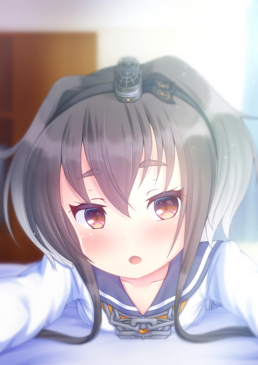 1girl, black_hair, black_hairband, blush, brown_eyes, close-up, female_focus, gradient_hair