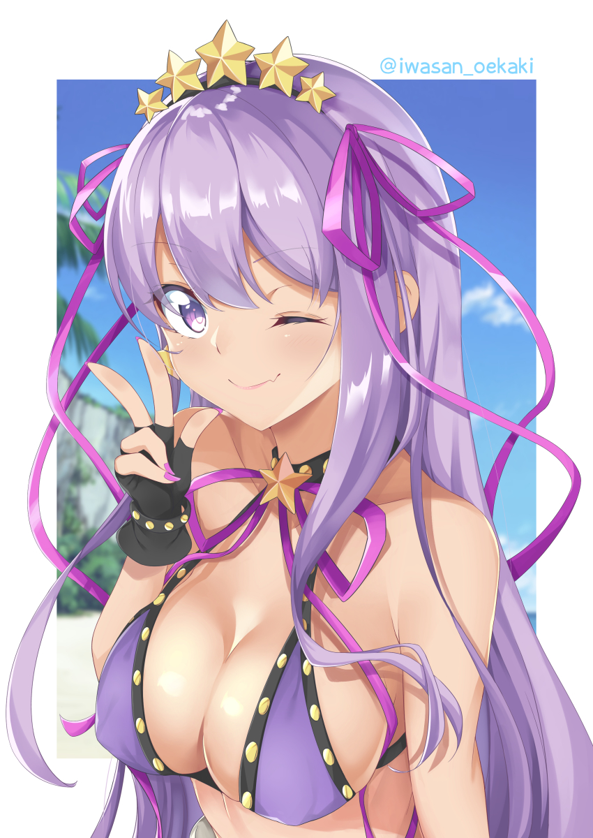 1girl, absurdres, bare_shoulders, bb_(fate), bb_(swimsuit_mooncancer)_(second_ascension)_(fate), bikini, black_gloves, blue_sky, breasts, cleavage, closed_mouth, collarbone, dark-skinned_female, dark_skin, fate/grand_order, fate_(series), fingerless_gloves, gloves, hair_ornament, hair_ribbon, hairband, highres, iwasan_oekaki, large_breasts, long_hair, nail_polish, neck_ribbon, one_eye_closed, purple_bikini, purple_eyes, purple_hair, ribbon, sky, smile, star_(symbol), star_hair_ornament, swimsuit, tan, thighs, very_long_hair