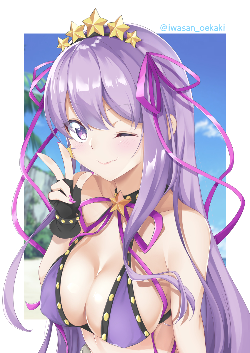 1girl, absurdres, bare_shoulders, bb_(fate), bb_(swimsuit_mooncancer)_(second_ascension)_(fate), bikini, black_gloves, blue_sky, breasts, cleavage, closed_mouth, collarbone, fate/grand_order, fate_(series), fingerless_gloves, gloves, hair_ornament, hair_ribbon, hairband, highres, iwasan_oekaki, large_breasts, long_hair, nail_polish, neck_ribbon, one_eye_closed, purple_bikini, purple_eyes, purple_hair, ribbon, sky, smile, star_(symbol), star_hair_ornament, swimsuit, thighs, very_long_hair