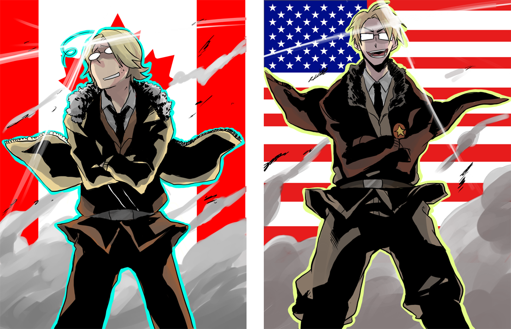 2boys, ahoge, america_(hetalia), american_flag, axis_powers_hetalia, blonde_hair, bomber_jacket, brothers, canada, canada_(hetalia), canadian_flag, crossed_arms, flag, glasses, grin, jacket, konishi_katsuyuki, lens_flare, male_focus, multiple_boys, parody, siblings, smile, tehryu, tengen_toppa_gurren_lagann, united_states, voice_actor_connection