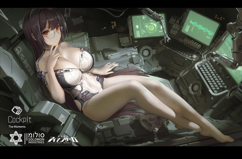 1girl, bare_legs, barefoot, black_hair, bodysuit, breasts, cleavage, closed_mouth