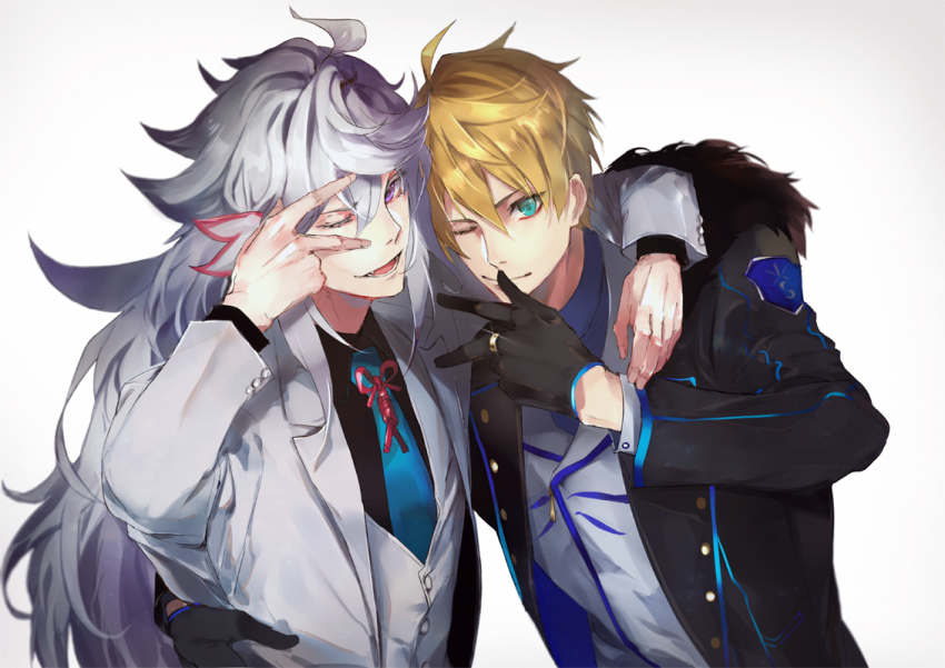 2boys, ahoge, alternate_costume, arm_around_shoulder, arthur_pendragon_(fate), arthur_pendragon_(star_of_camelot)_(fate), blonde_hair, blue_neckwear, fate/grand_order, fate_(series), gloves, gradient_background, green_eyes, hair_between_eyes, hand_on_another's_waist, heads_together, hood, hood_down, hoodie, jewelry, long_hair, long_sleeves, looking_at_viewer, male_focus, merlin_(fate), merlin_(star_of_camelot)_(fate), multiple_boys, necktie, one_eye_closed, open_clothes, open_hoodie, open_mouth, purple_eyes, pvc_parfait, ring, smile, upper_body, very_long_hair, vest, white_hair