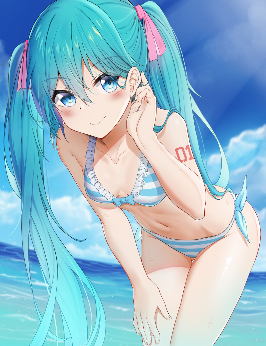 1girl, aqua_hair, bare_arms, bare_shoulders, bib_(bibboss39), bikini, blue_bikini, blue_eyes