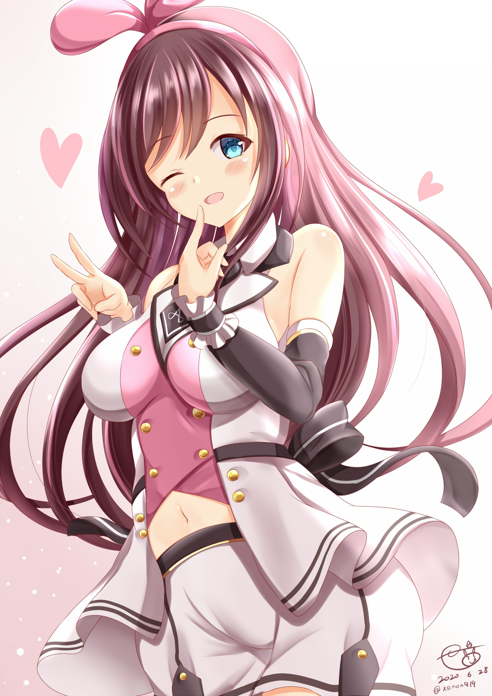 1girl, ;d, bare_shoulders, black_sleeves, blue_eyes, blush, breasts, brown_background