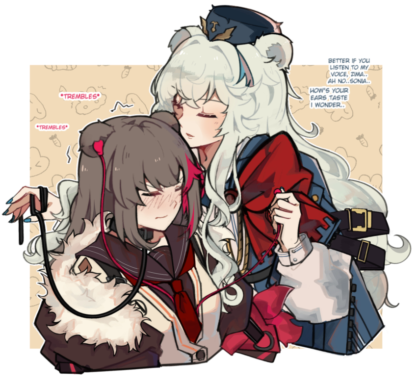 2girls, alternate_language, animal_ears, arknights, bear_ears, black_choker, black_jacket, black_sailor_collar