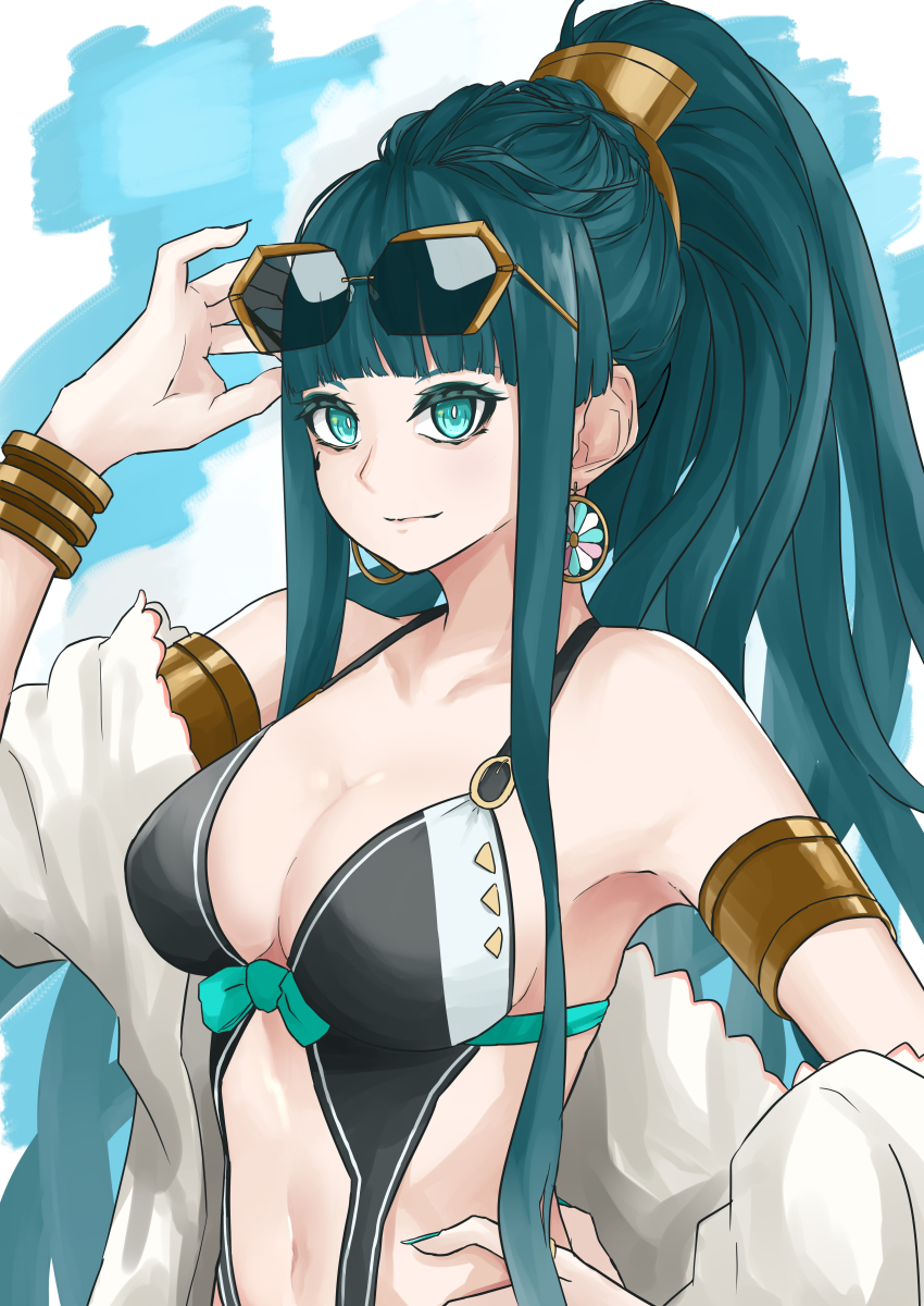 1girl, absurdres, armlet, bare_shoulders, black_one-piece_swimsuit, bracelet, breasts, center_opening, cleavage, cleopatra_(fate), cleopatra_(seaside_luxury)_(fate), closed_mouth, collarbone, earrings, eye_of_horus, eyeliner, eyewear_on_head, fate/grand_order, fate_(series), hand_on_own_hip, highleg, highleg_one-piece_swimsuit, highres, hoop_earrings, jewelry, large_breasts, long_hair, looking_at_viewer, makeup, multicolored_swimsuit, navel, off_shoulder, one-piece_swimsuit, open_clothes, ponytail, sanada_ina, seaside_luxury, smile, sunglasses, swimsuit, two-tone_swimsuit, white_one-piece_swimsuit
