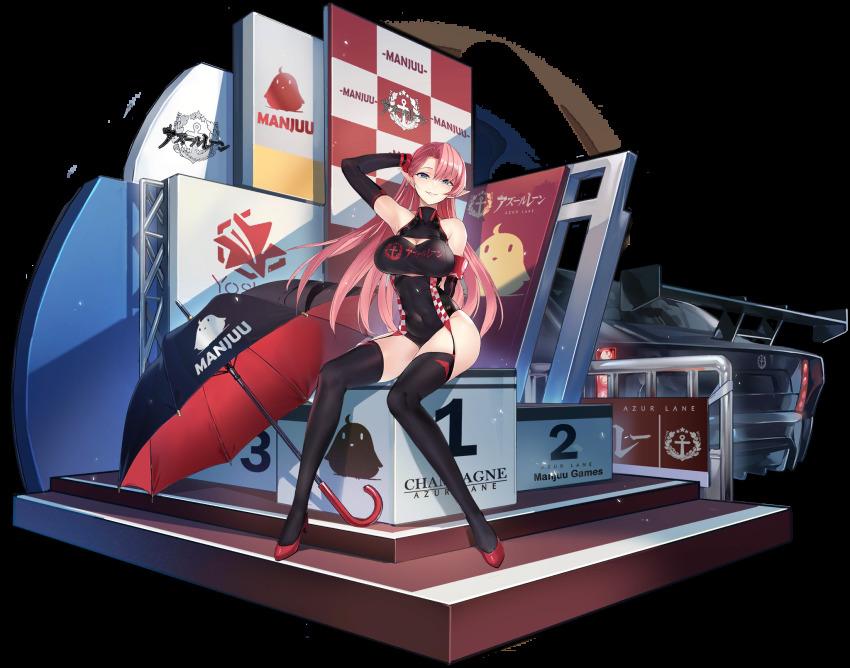 1girl, azur_lane, bare_shoulders, black_gloves, black_thighhighs, blue_eyes, breasts, car