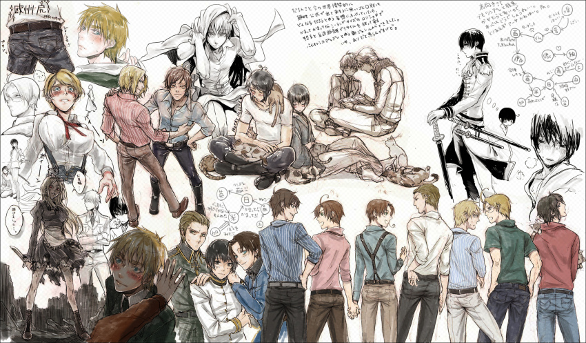00s, 2girls, 6+boys, america_(hetalia), axis_powers_hetalia, azuma_yuuhi, bad_id, bad_pixiv_id, belarus_(hetalia), blush, breasts, cat, eyebrows, france_(hetalia), gender_request, genderswap, germany_(hetalia), greece_(hetalia), highres, japan_(hetalia), katana, multiple_boys, multiple_girls, northern_italy_(hetalia), sketch, southern_italy_(hetalia), spain_(hetalia), sword, torn_clothes, ukraine_(hetalia), united_kingdom_(hetalia), weapon