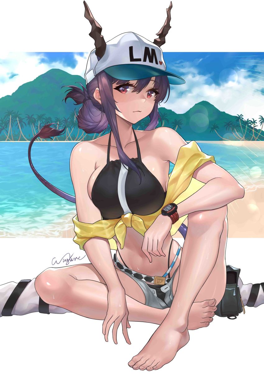 1girl, absurdres, arknights, bare_legs, bare_shoulders, barefoot, baseball_cap, bikini