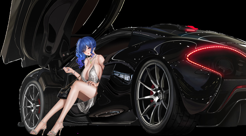 1girl, azur_lane, bag, bare_shoulders, blue_hair, blue_nails, bracelet, breasts