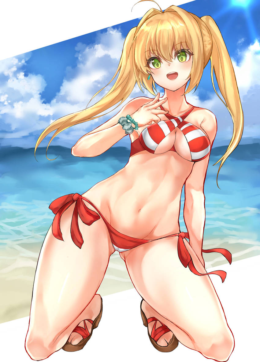 1girl, absurdres, ahoge, bare_shoulders, beach, bead_bracelet, beads, bikini