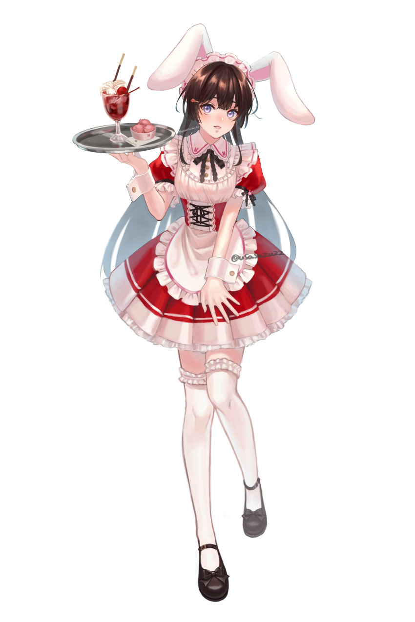 1girl, absurdres, alternate_costume, animal_ears, animal_print, apron, black_hair, black_ribbon