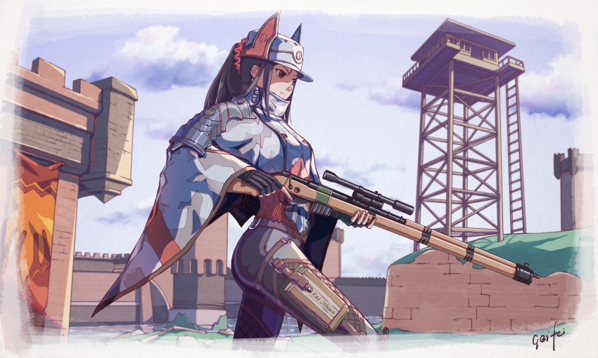 1girl, absurdres, animal_hat, armor, artist_name, black_hair, bolt_action, brown_eyes, camouflage, cape, cat_hat, character_name, cloud, cowboy_shot, day, female_focus, fingerless_gloves, gloves, grass, gun, hat, highres, holding, holding_gun, holding_weapon, kai_schren, military, military_uniform, official_style, outdoors, red_bean, rifle, scope, scrunchie, senjou_no_valkyria_(series), senjou_no_valkyria_4, shoulder_armor, signature, skin_tight, sky, sniper_rifle, solo, stone_wall, tower, trigger_discipline, wall, watchtower, weapon