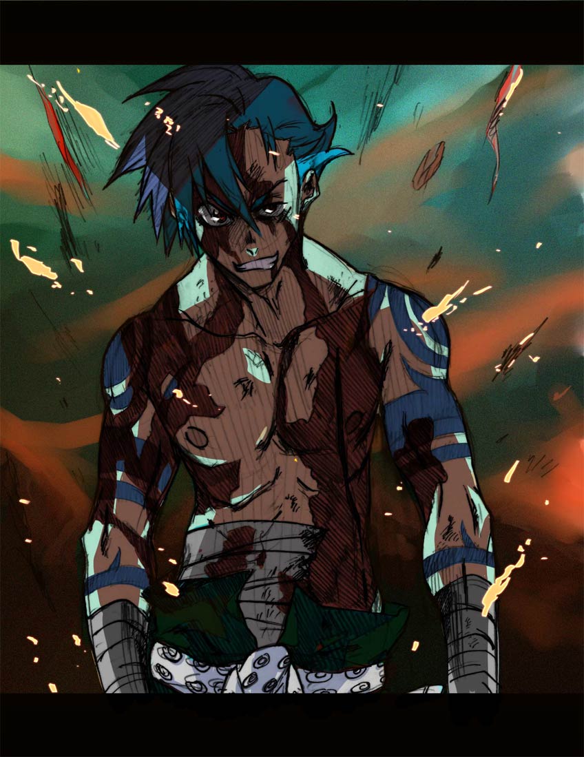 00s, bandages, blood, blue_hair, bodypaint, injury, kamina_(ttgl), letterboxed