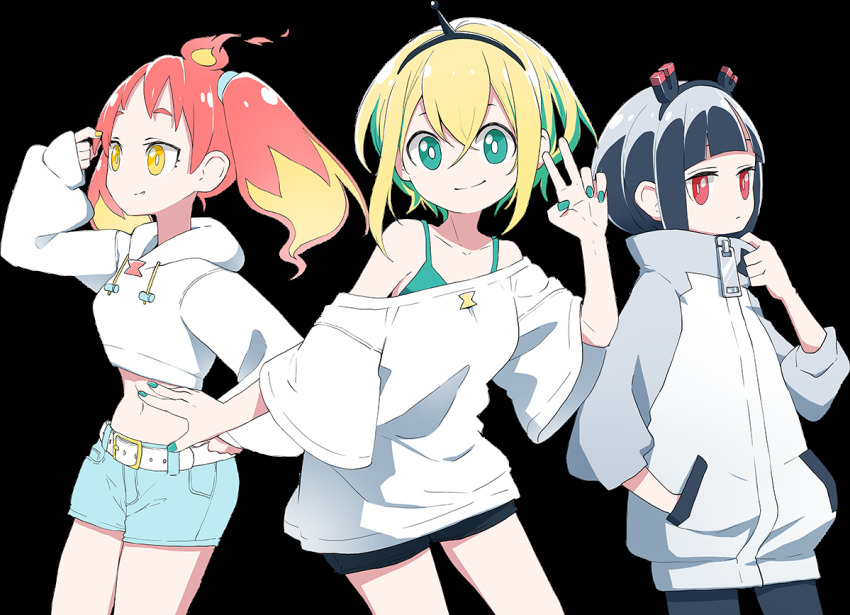 3girls, amano_pikamee, amano_pikamee_(1st_costume), bad_link, bare_shoulders, belt, belt_buckle, black_hair