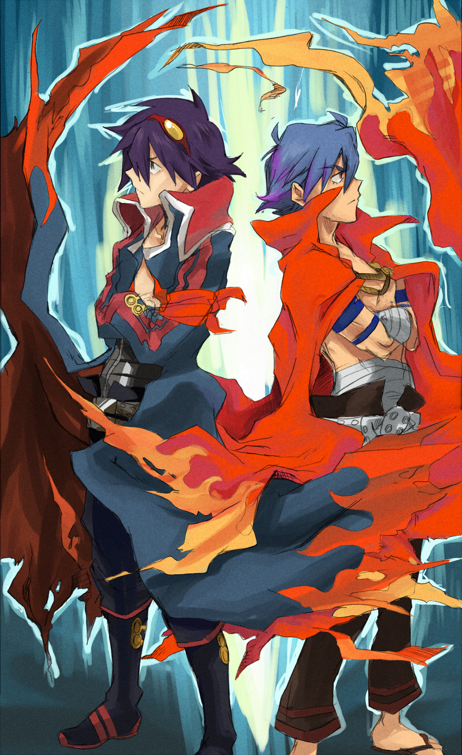 00s, 2boys, back-to-back, bandages, blue_hair, bodypaint, cape, crossed_arms