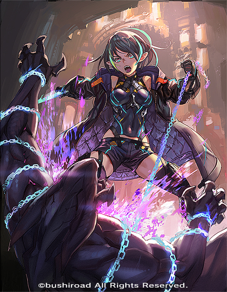 1girl, bare_shoulders, battle, black_hair, black_legwear, blue_eyes, cardfight!!_vanguard, chain