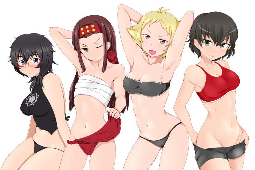 4girls, :d, arched_back, arm_behind_head, arm_up, armpits, arms_behind_head, arms_up, bandeau, bikini, bikini_shorts, black_bikini, black_eyes, black_hair, black_shirt, black_shorts, blonde_hair, blush, breasts, brown_eyes, brown_hair, caesar_(girls_und_panzer), chest_sarashi, closed_mouth, erwin_(girls_und_panzer), female_focus, frown, fundoshi, fundoshi_lift, girls_und_panzer, glasses, groin, half-closed_eyes, halterneck, headband, japanese_clothes, lineup, long_hair, looking_at_viewer, medium_breasts, medium_hair, messy_hair, mismatched_bikini, multiple_girls, navel, missing_headwear, no_scarf, one_eye_closed, open_mouth, oryou_(girls_und_panzer), pointy_hair, ponytail, print_shirt, red-framed_eyewear, red_bikini, red_headband, saemonza_(girls_und_panzer), sanada_clan_(emblem), sarashi, semi-rimless_eyewear, shirt, short_hair, short_ponytail, shorts, side-by-side, simple_background, sitting, smile, standing, strapless, strapless_bikini, string_bikini, swimsuit, tanaka_rikimaru, under-rim_eyewear, v-shaped_eyebrows, white_background