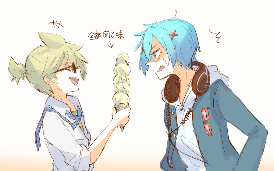 +++, 2boys, ^^^, blonde_hair, blue_hair, blue_jacket, cable, closed_eyes