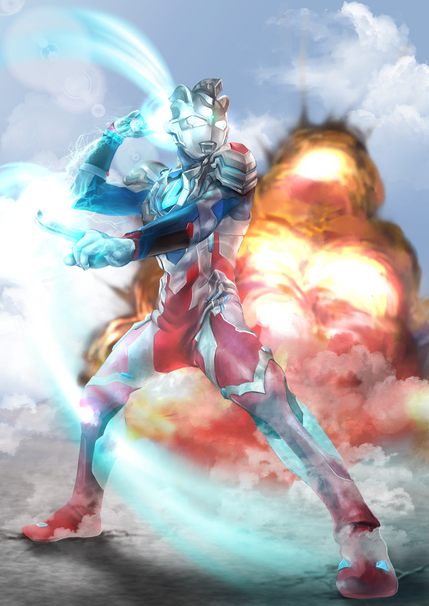 absurdres, energy, explosion, fighting_stance, glowing, glowing_eyes, highres, looking_to_the_side