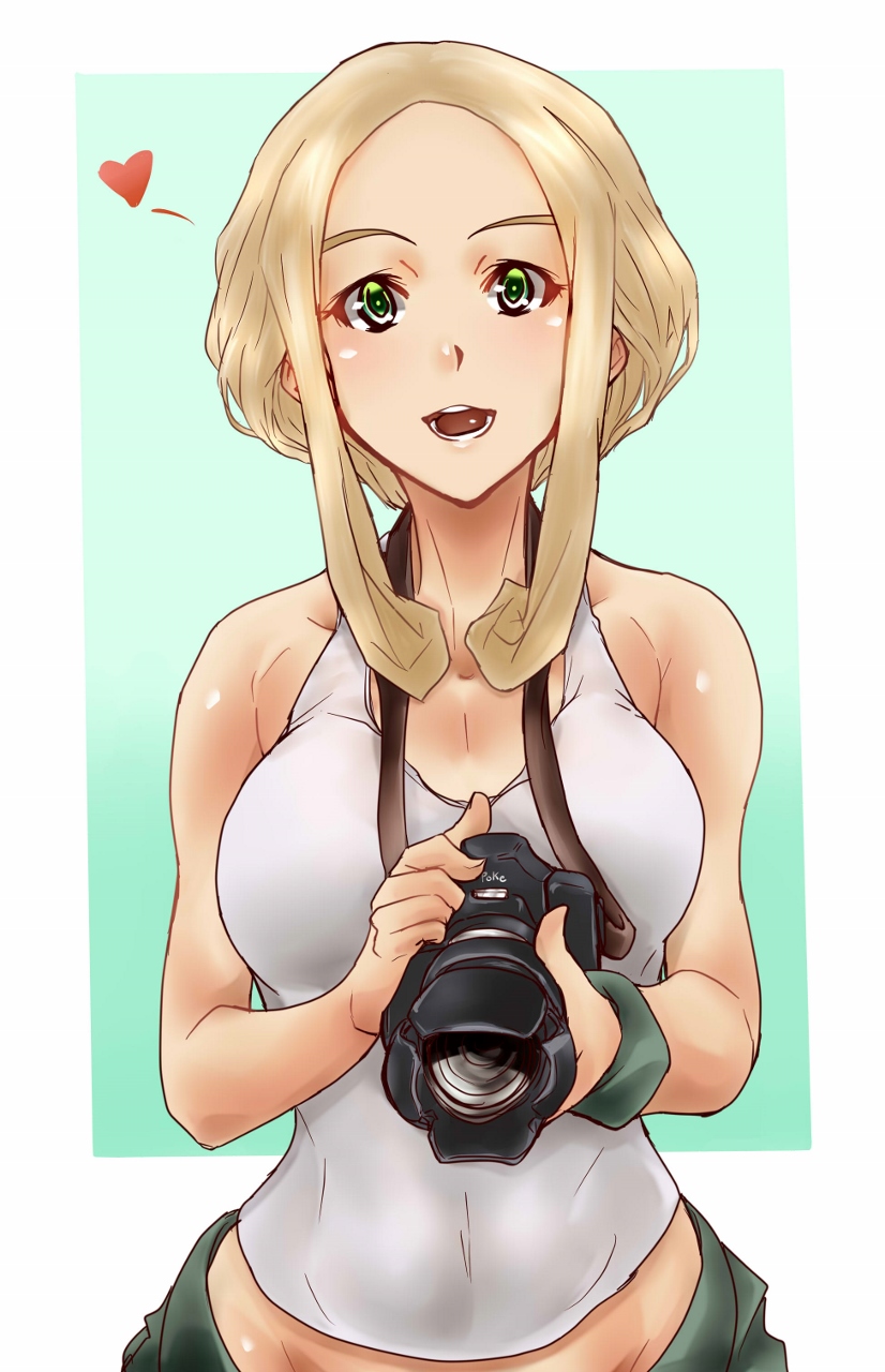 1girl, blonde_hair, blush, border, breasts, camera, commentary_request, eyelashes, female_focus, green_background, green_eyes, grey_tank_top, heart, highres, holding, holding_camera, large_breasts, looking_at_viewer, medium_breasts, nintendo, open_mouth, outside_border, pokemon, pokemon_x_and_y, short_hair_with_long_locks, smile, solo, suzuki_no_m, tank_top, teeth, tongue, viola_(pokemon), white_border, wristband