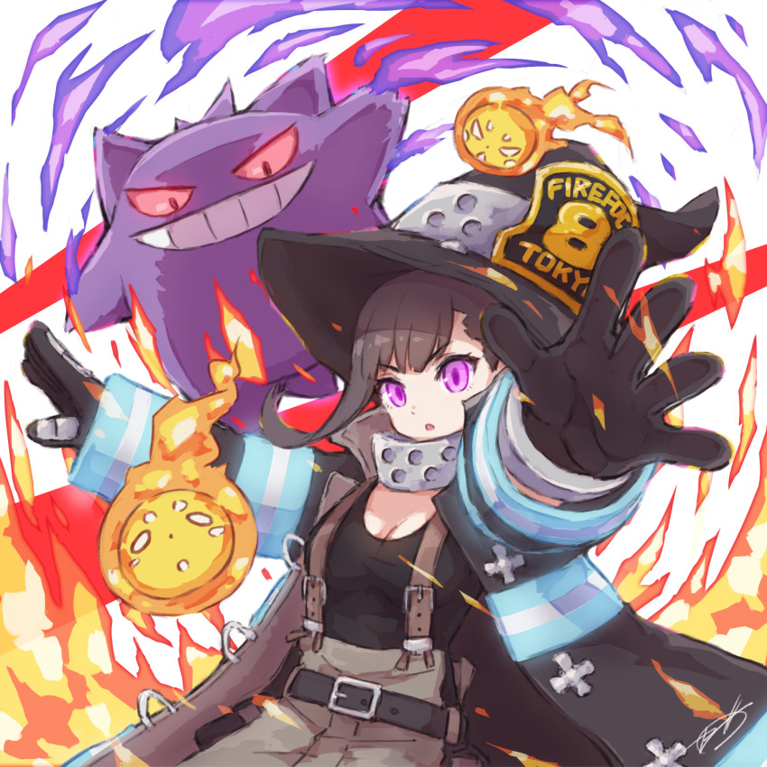 1girl, :o, belt, black_belt, black_hair, black_tank_top, breasts, cleavage, commentary_request, crossover, en'en_no_shouboutai, eyelashes, fire, gen_1_pokemon, gengar, hat, highres, long_hair, maki_oze, medium_breasts, nintendo, open_mouth, outstretched_arms, pokemon, pokemon_(creature), purple_eyes, suspenders, tank_top, zeni_maru