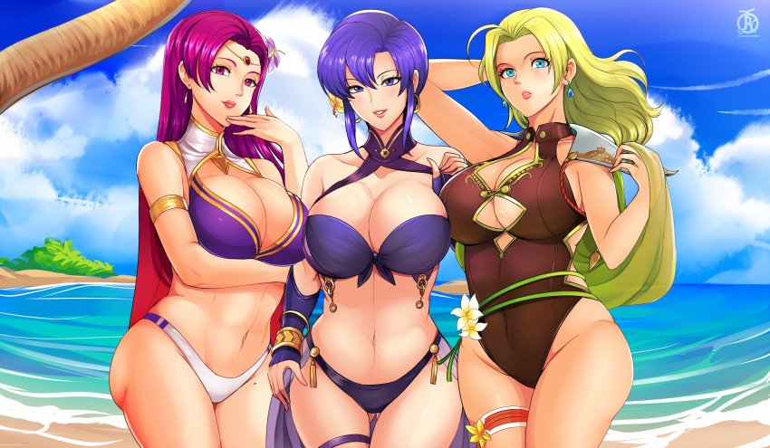 3girls, armlet, ass, bikini, blonde_hair, blue_eyes, blue_hair, blue_sky, breasts, brunnya_(fire_emblem), cleavage, closed_mouth, cloud, cowboy_shot, day, earrings, female_focus, fire_emblem, fire_emblem:_the_binding_blade, fire_emblem:_the_blazing_blade, fire_emblem:_the_sacred_stones, fire_emblem_heroes, flower, hair_flower, hair_ornament, harem, highres, jewelry, large_breasts, lineup, long_hair, matching_hair/eyes, multiple_girls, navel, nintendo, ocean, outdoors, parted_lips, plant, purple_eyes, purple_hair, revolverwing, selena_(fire_emblem:_the_sacred_stones), selena_(summer)_(fire_emblem:_the_sacred_stones), short_hair, skindentation, sky, standing, swimsuit, thigh_strap, trait_connection, tree, ursula_(fire_emblem), ursula_(summer)_(fire_emblem), water