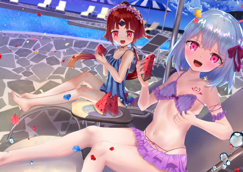 2girls, absurdres, arm_scrunchie, bare_shoulders, beach_chair, beni-enma, beni-enma_(summer_enma-tei), bikini