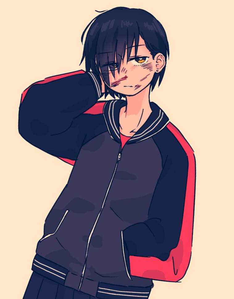 1girl, black_hair, blood, brown_eyes, earrings, female_focus, hair_over_one_eye, hand_in_pocket