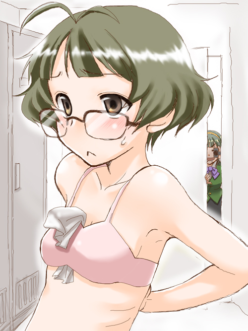 00s, 1boy, 1girl, akizuki_ryo, antenna_hair, antennae, bad_id, bad_pixiv_id, blush, bra, brown_eyes, camcorder, camera, crossdressing, female_pervert, glasses, idolmaster, idolmaster_(classic), idolmaster_dearly_stars, lingerie, natsuno_hareruya, otonashi_kotori, pervert, ribs, saliva, tissue, trap, underwear, video_camera