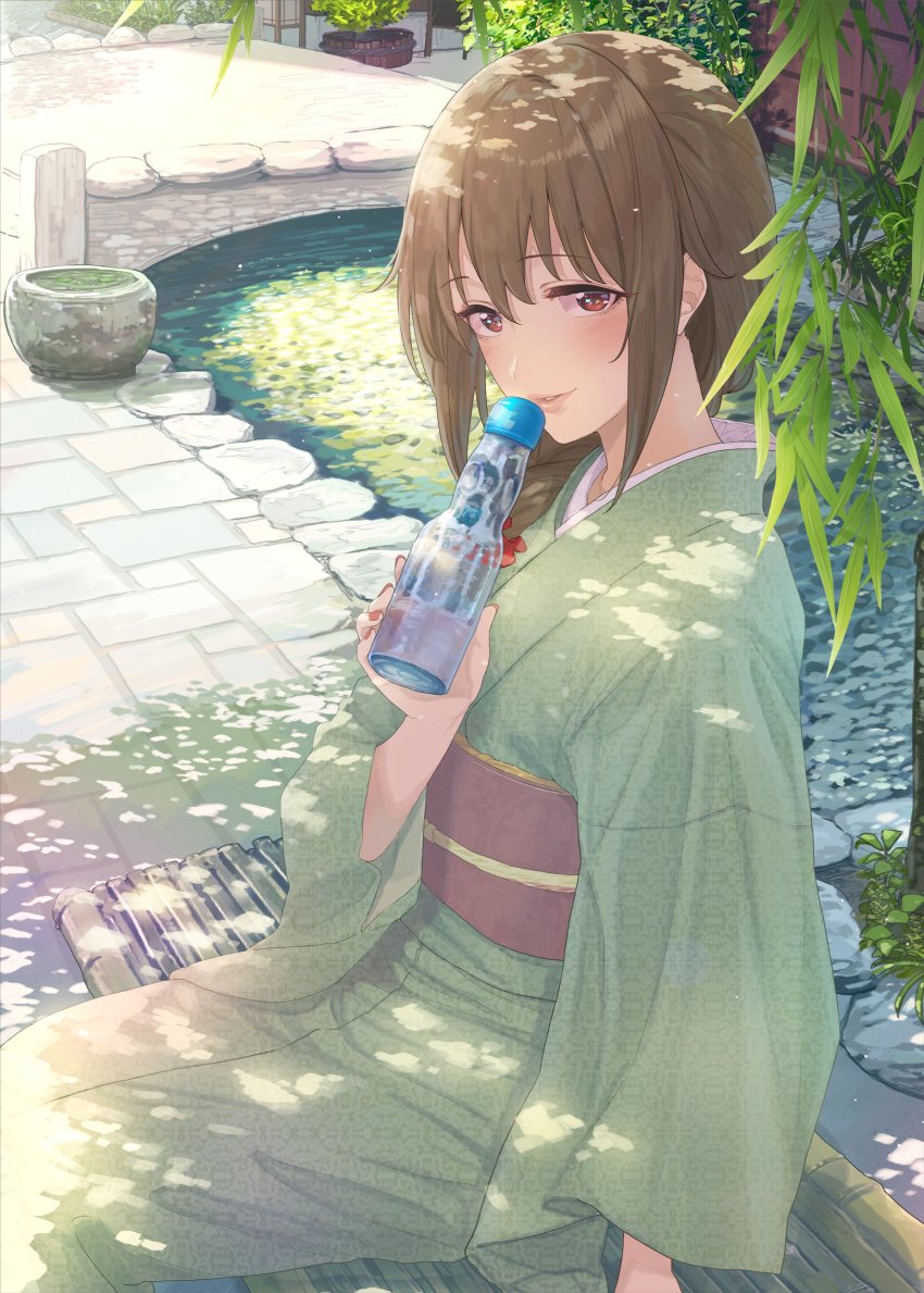 1girl, absurdres, bamboo_bench, braid, brown_hair, commentary_request, dappled_sunlight, flagstone, hair_over_shoulder, hair_ribbon, highres, idolmaster, idolmaster_cinderella_girls, japanese_clothes, kimono, leaf, lips, long_hair, looking_at_viewer, nail_polish, obi, peppe, pond, ramune, red_eyes, ribbon, sash, senkawa_chihiro, sitting, sunlight, yukata