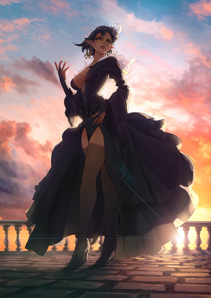 1girl, black_hair, blue_eyes, boots, borrowed_character, breasts, bridal_gauntlets, cleavage, cloud, cloudy_sky, commentary, commission, dark-skinned_female, dark_skin, dress, earrings, elezen, elf, english_commentary, female_focus, fictional_persona, final_fantasy, final_fantasy_xiv, flower, from_below, full_body, fur_collar, hair_flower, hair_ornament, high_heel_boots, high_heels, hoop_earrings, janelle_colbernoux, jewelry, large_breasts, legs, lens_flare, lips, long_dress, no_bra, plunging_neckline, pointy_ears, purple_dress, rose, short_hair, showgirl_skirt, sky, solo, standing, sunset, thigh_boots, thighhighs, vincent_andrada, white_flower, white_rose, wide_sleeves