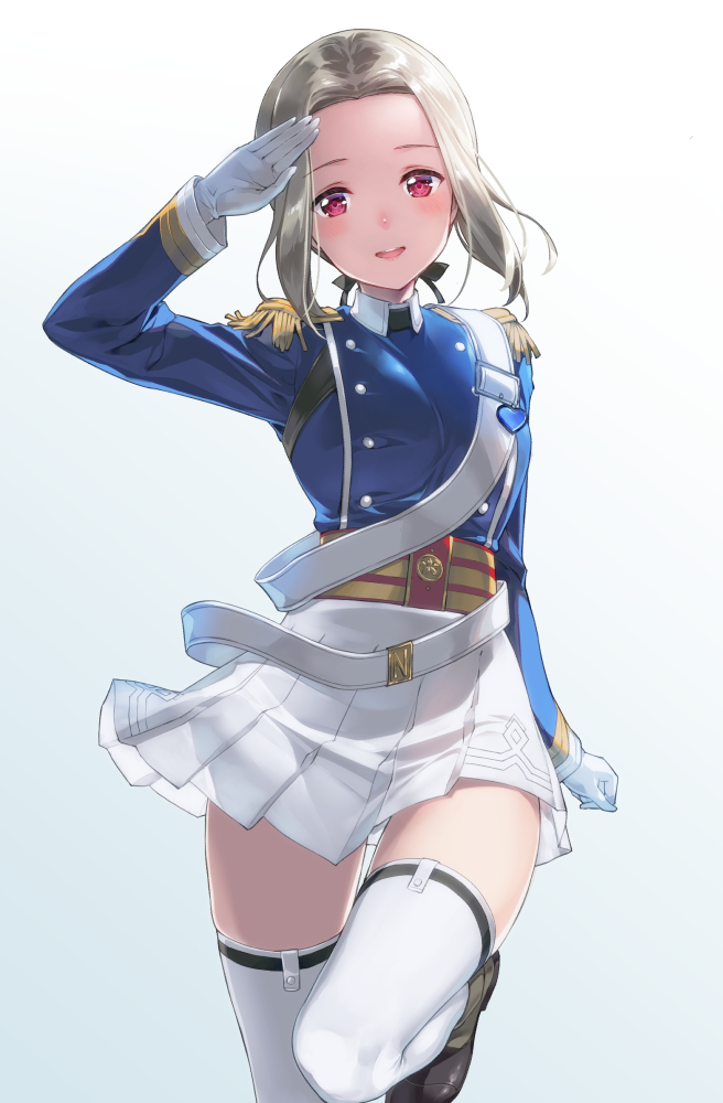 1girl, ash_arms, belt, black_ribbon, black_shoes, blue_jacket, blush, brown_hair