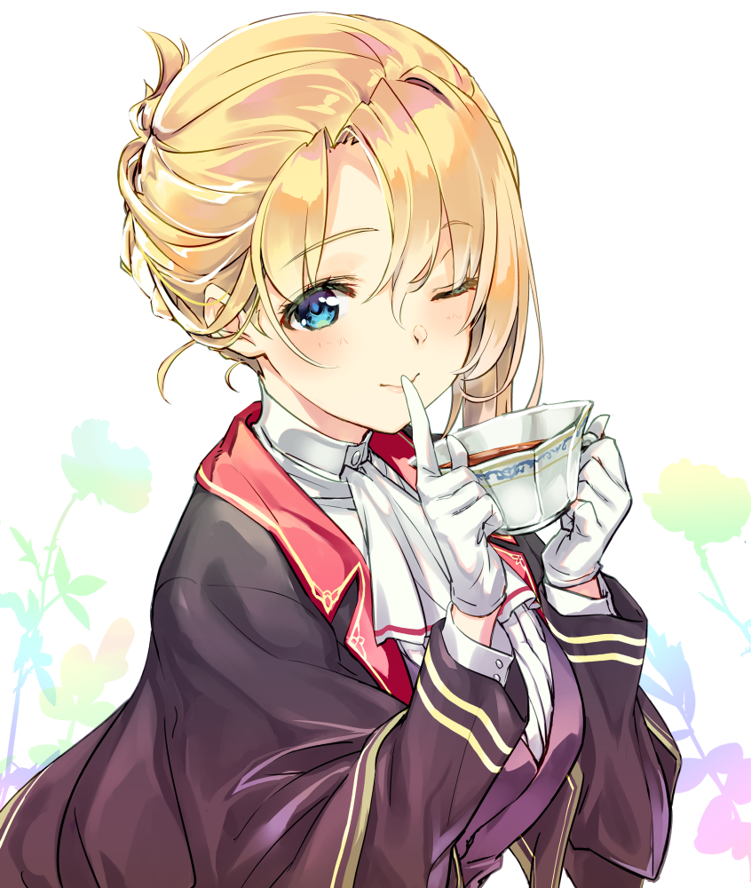 1girl, ;), agent_(ash_arms), ascot, ash_arms, black_jacket, black_vest, blonde_hair, blue_eyes, closed_mouth, commentary, cup, dress_shirt, female_focus, finger_to_mouth, gloves, high_collar, holding, holding_cup, ichimasa_game, jacket, leaning_forward, long_sleeves, looking_at_viewer, one_eye_closed, shirt, short_hair, shushing, sidelocks, sitting, smile, solo, spitfire_(ash_arms), teacup, vest, white_ascot, white_background, white_gloves, white_shirt