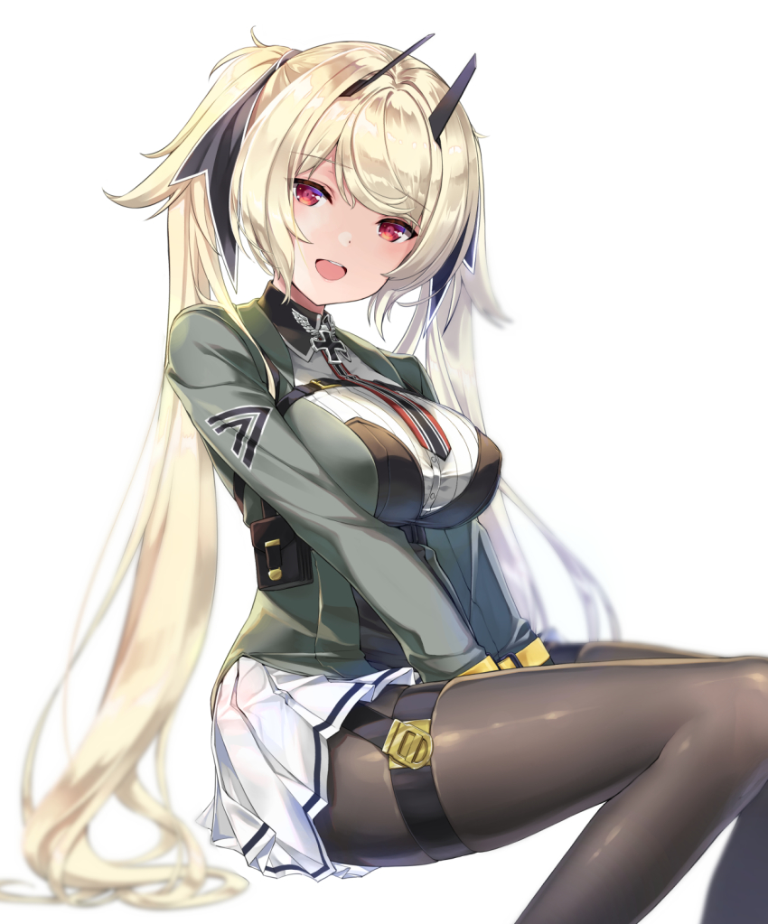 1girl, ash_arms, black_pantyhose, black_ribbon, blouse, blurry, breasts, collared_shirt