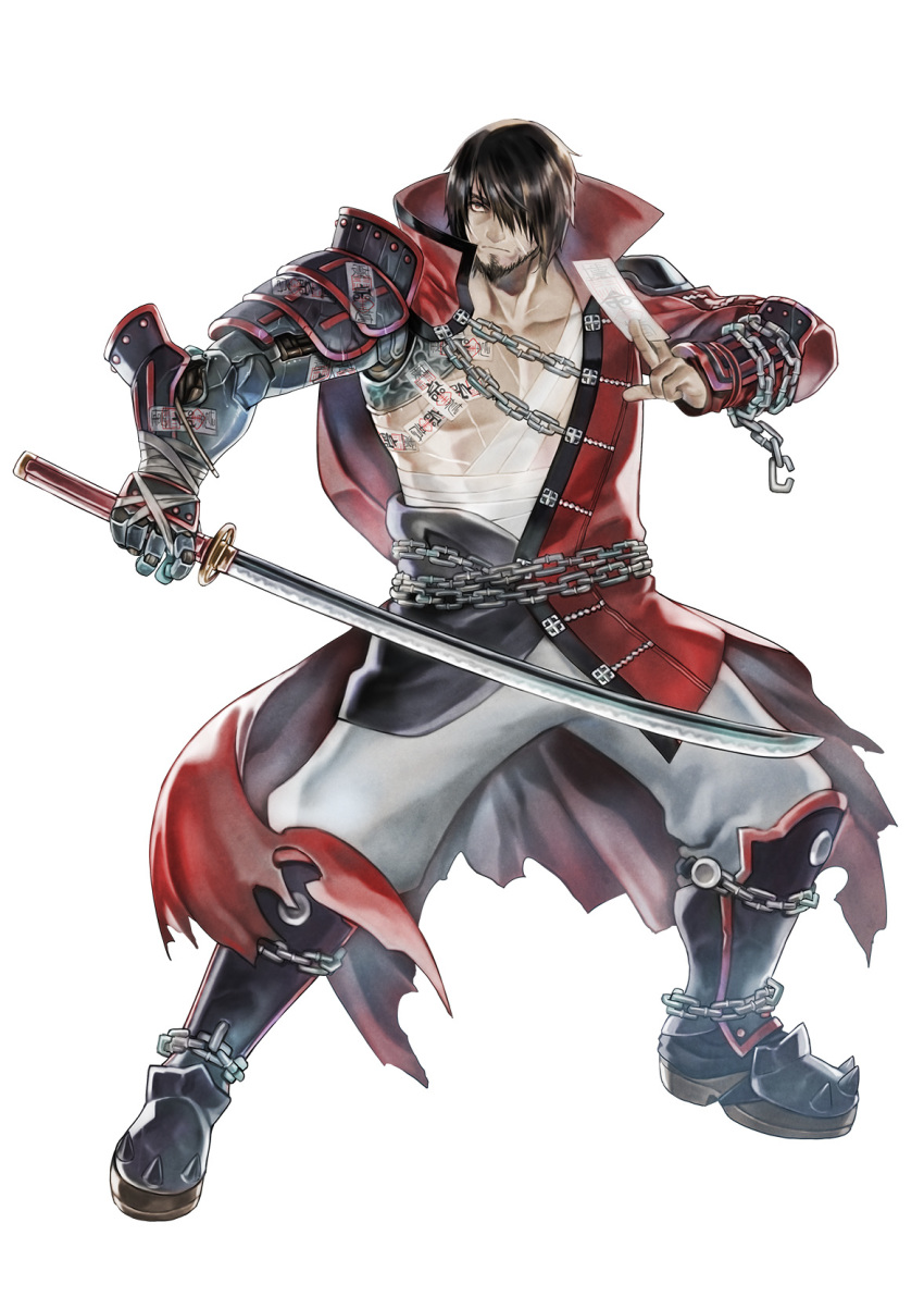 1boy, arm_guards, asymmetrical_clothes, beard, black_hair, bloodstained:_curse_of_the_moon, bloodstained:_curse_of_the_moon_2, bloodstained:_ritual_of_the_night