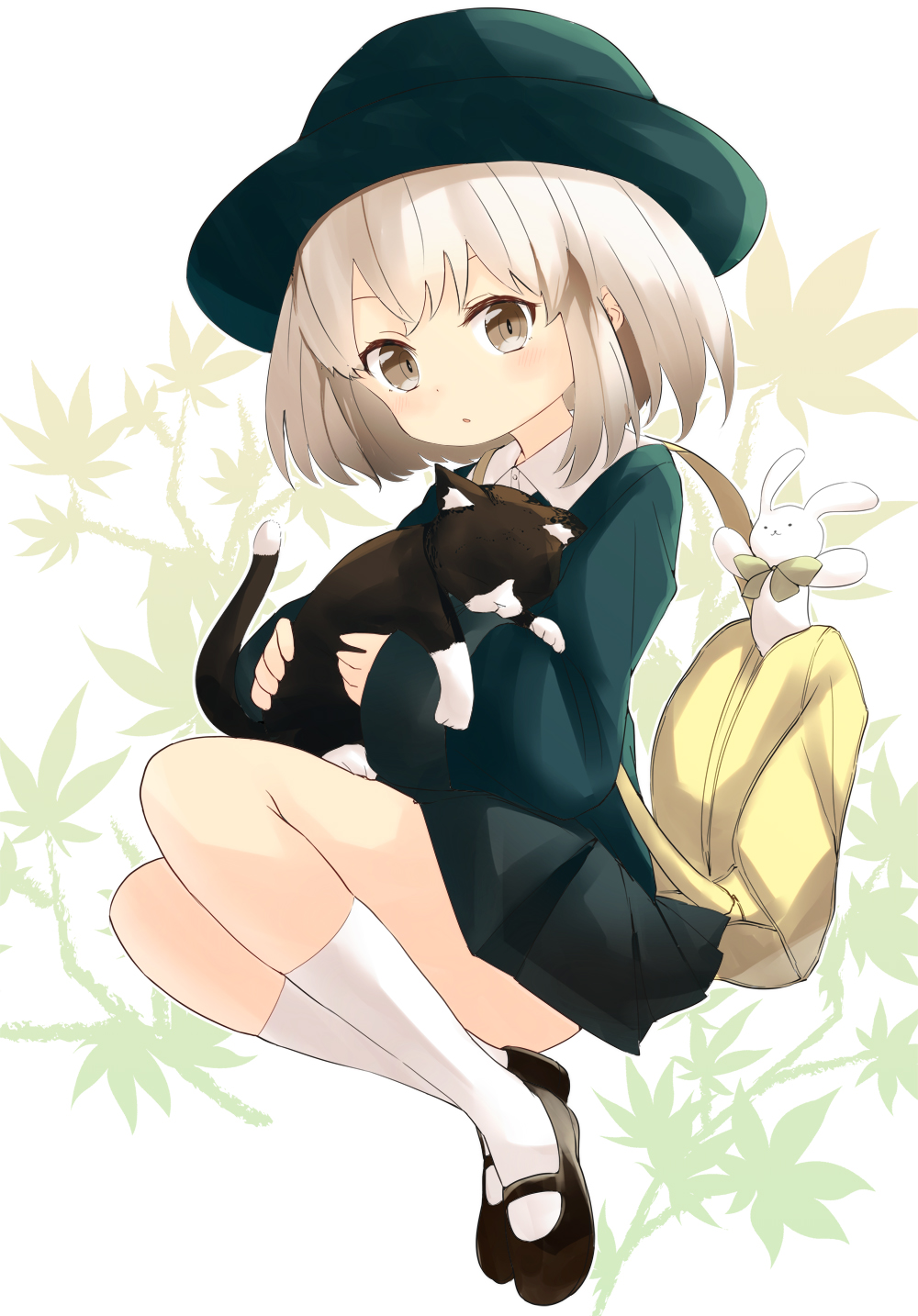 1girl, animal, backpack, bag, barashiya, black_hat, black_shirt, black_skirt