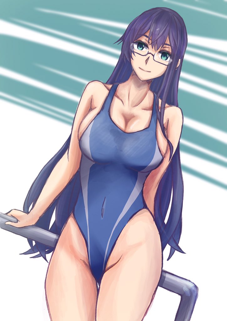 1girl, alternate_breast_size, black_hair, blue_one-piece_swimsuit, breasts, competition_swimsuit, cowboy_shot, dutch_angle, female_focus, glasses, green_background, green_eyes, hairband, kantai_collection, large_breasts, long_hair, looking_at_viewer, one-hour_drawing_challenge, one-piece_swimsuit, ooyodo_(kancolle), railing, semi-rimless_eyewear, solo, swimsuit, thigh_gap, tonke, two-tone_background, under-rim_eyewear, white_background