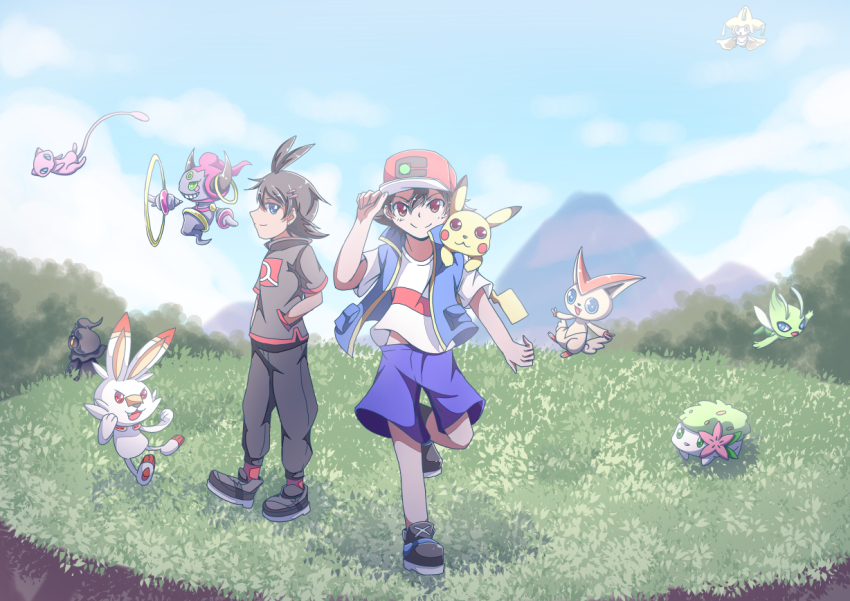 2boys, ash_ketchum, baseball_cap, black_hair, black_pants, blue_eyes, blue_jacket, brown_eyes