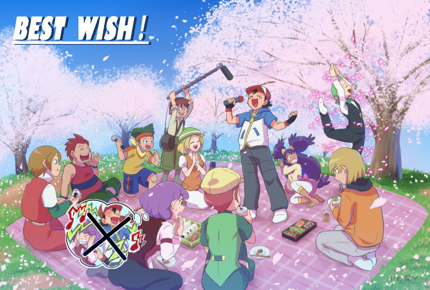 4girls, 6+boys, ash_ketchum, baseball_cap, bento_box, bianca_(pokemon), black_hair, black_vest