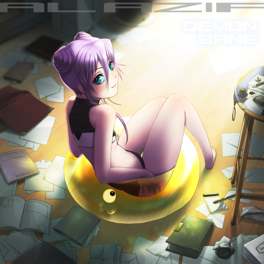 00s, al_azif_(demonbane), bad_id, bad_pixiv_id, bikini, blue_eyes, blush, book, demonbane, double_bun, dunsany, hair_bun, hair_up, highres, innertube, legs, looking_back, paper, purple_hair, short_hair, smile, solo, swim_ring, swimsuit, take9999