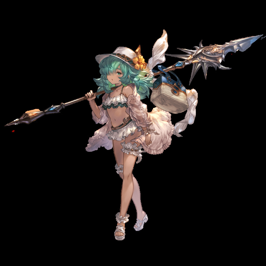 1girl, alpha_transparency, bag, bikini, bikini_skirt, choker, collarbone, dark-skinned_female