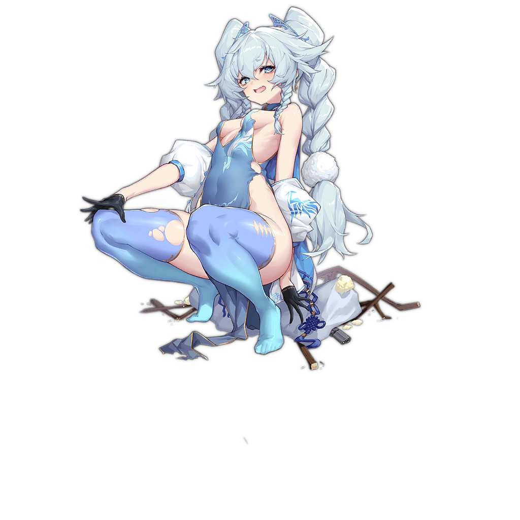 1girl, bare_shoulders, black_gloves, blue_dress, blue_eyes, blue_hair, blue_thighhighs, blush