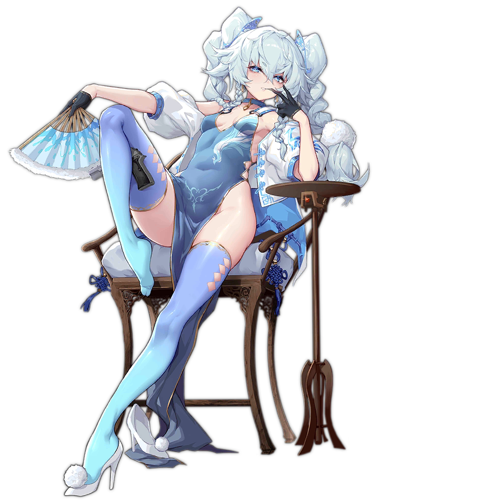 1girl, black_gloves, blue_dress, blue_eyes, blue_hair, blue_thighhighs, braid, breasts