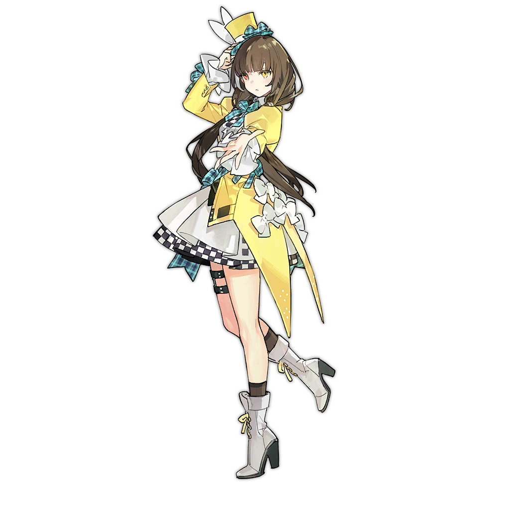 1girl, artist_request, boots, brown_hair, dress, female_focus, full_body, girls'_frontline