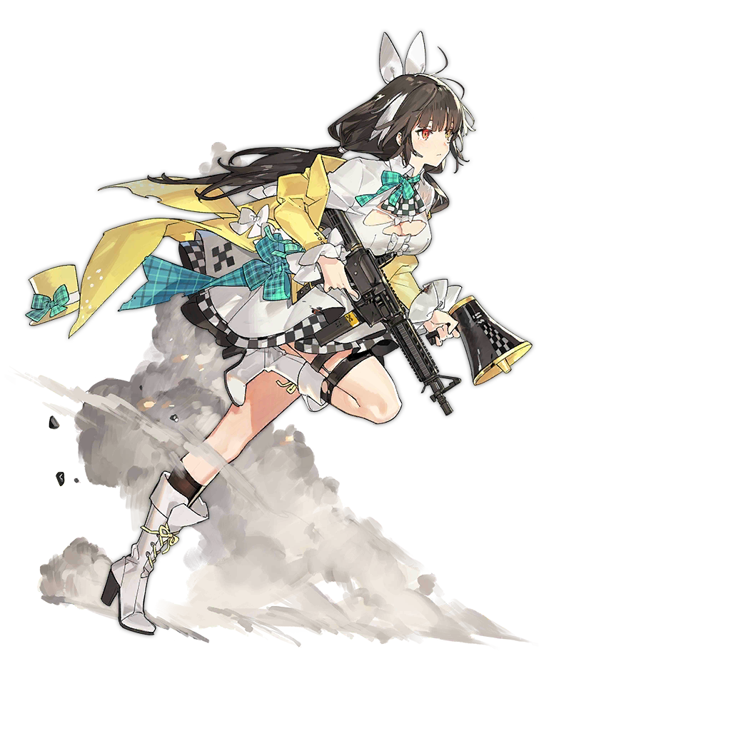 1girl, artist_request, boots, brown_hair, colt_9mm_smg, damaged, dress, female_focus