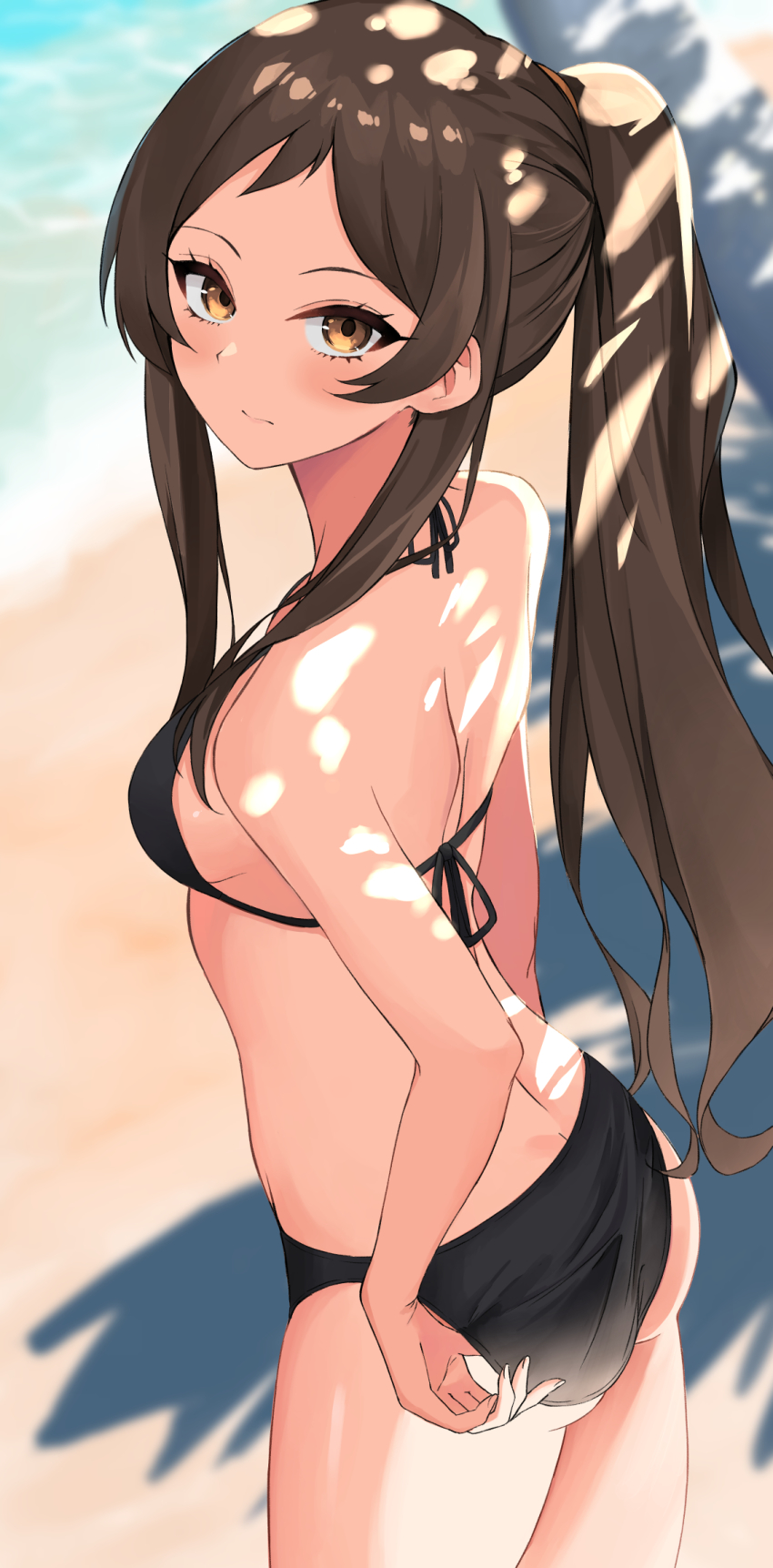 1girl, adjusting_clothes, adjusting_swimsuit, alternate_hairstyle, arched_back, ass, back, bare_arms