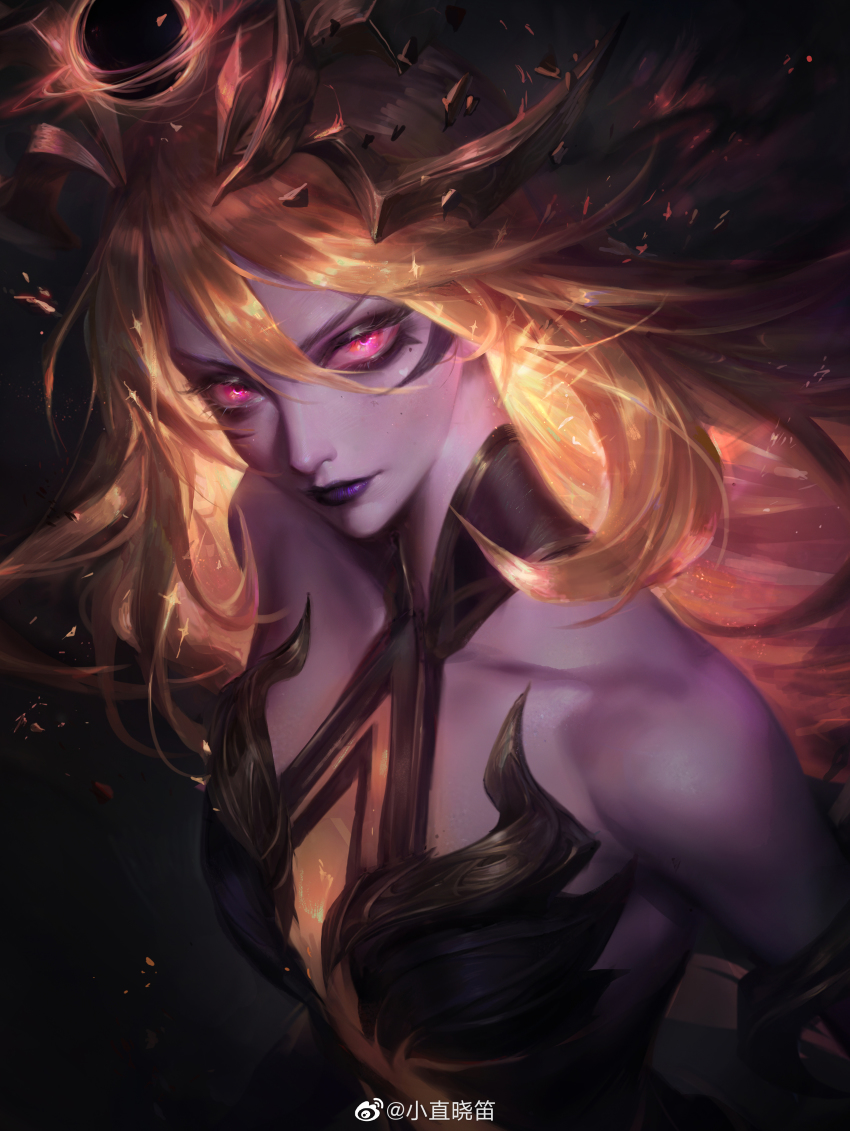 absurdres, alternate_costume, artist_name, bare_shoulders, blonde_hair, collared_dress, dark_cosmic_lux, dress, flute_(artist), glowing, glowing_eyes, glowing_hair, headpiece, highres, league_of_legends, lipstick, long_hair, looking_at_viewer, looking_to_the_side, lux_(league_of_legends), makeup, purple_lips, red_eyes, standing